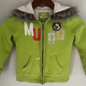 MUDD Vintage Y2K Green Kids Hoodie with Fur Trim Embroidered Logo Owl Girls 6